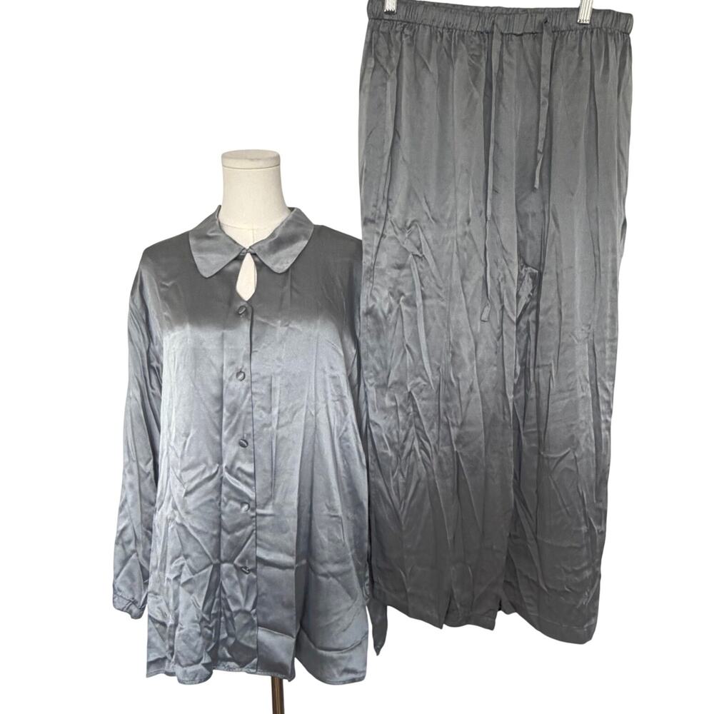 Vintage Valerie Stevens (L) Silk Pajama Set Silver Gray Wide Leg Y2K Loungewear